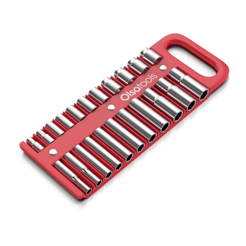 Olsa Tools Magnetic Portable Socket Organizer Tray - 1/2-Inch Drive - Red Holder for Deep & Shallow Sockets - Fits up to 1-3/16" SAE or 30mm Metric - Quality Product for Professionals - Part 1077 - Image 1